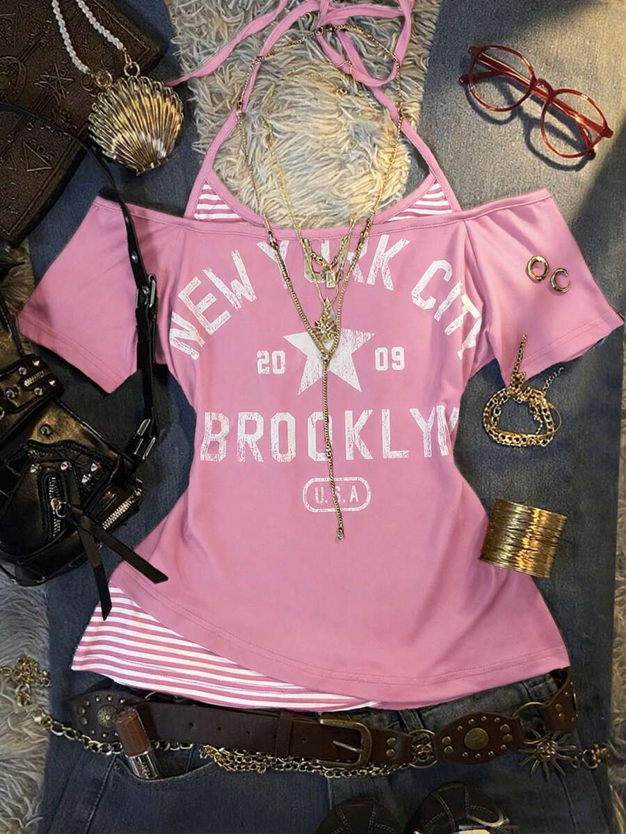 Front flat lay of pink layered graphic T-shirt with New York print and striped halter insert