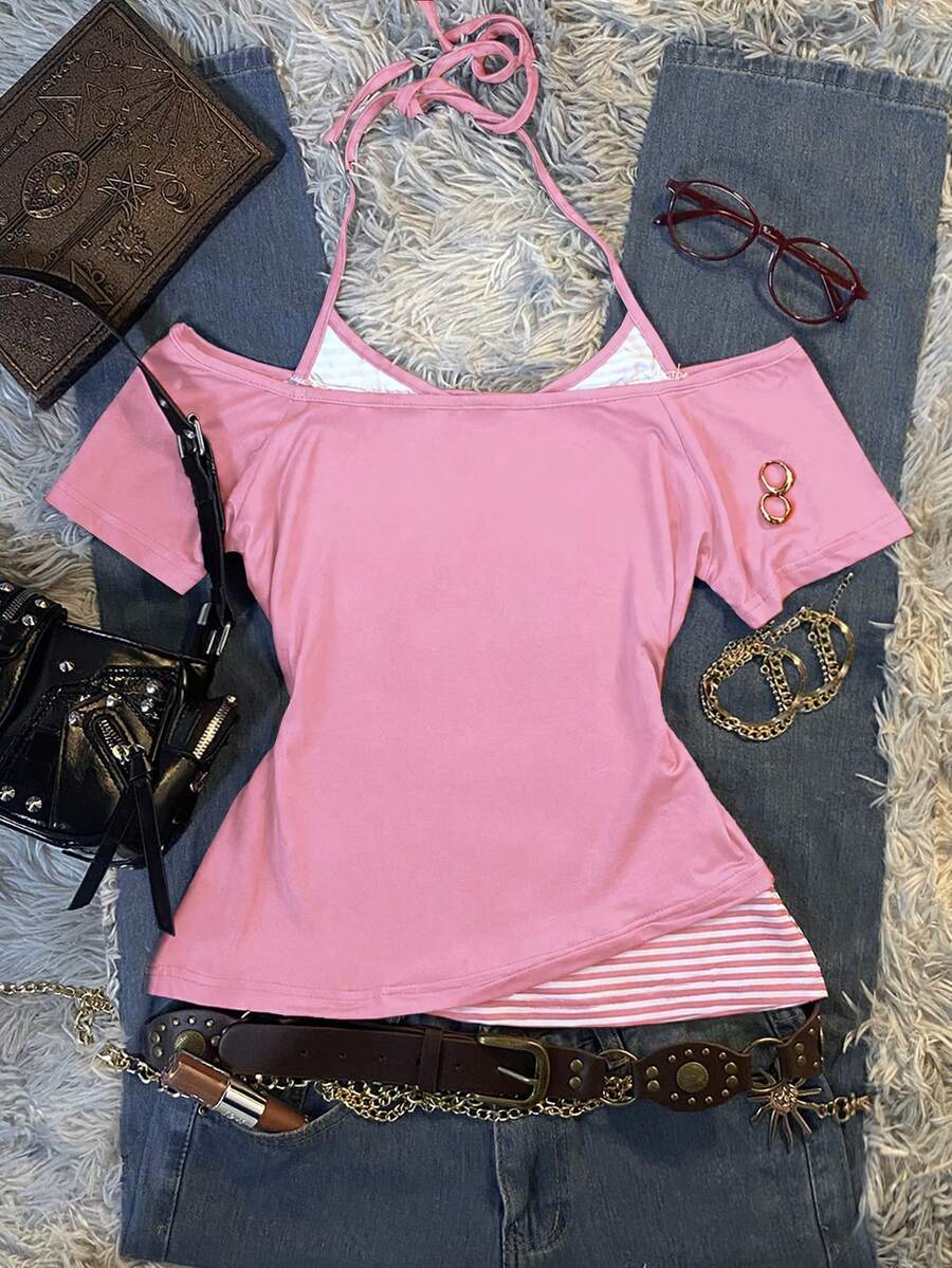 Back flat lay of pink off-shoulder top with striped tie-neck layer and curved outer hem