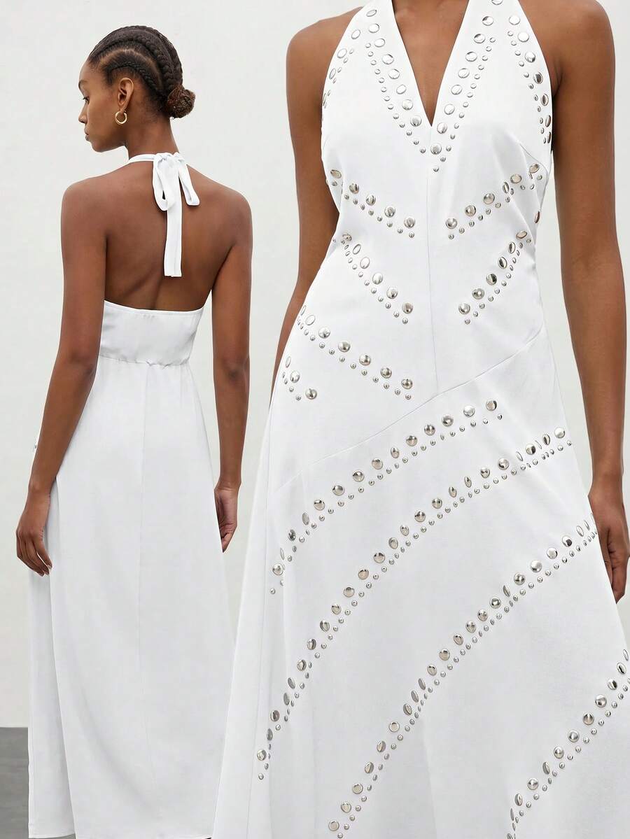 Women's Long A-Line Halter Neck Dress - Sleek Sleeveless V-Neck Vacation Style 
