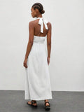 Women's Long A-Line Halter Neck Dress - Sleek Sleeveless V-Neck Vacation Style 