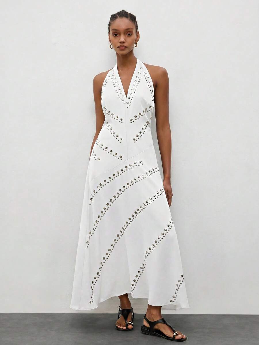 Women's Long A-Line Halter Neck Dress - Sleek Sleeveless V-Neck Vacation Style 
