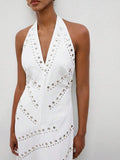 Women's Long A-Line Halter Neck Dress - Sleek Sleeveless V-Neck Vacation Style 