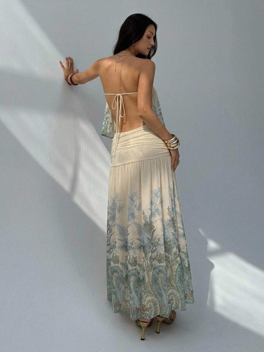 Cream botanical strapless backless ruched waist maxi dress front view
