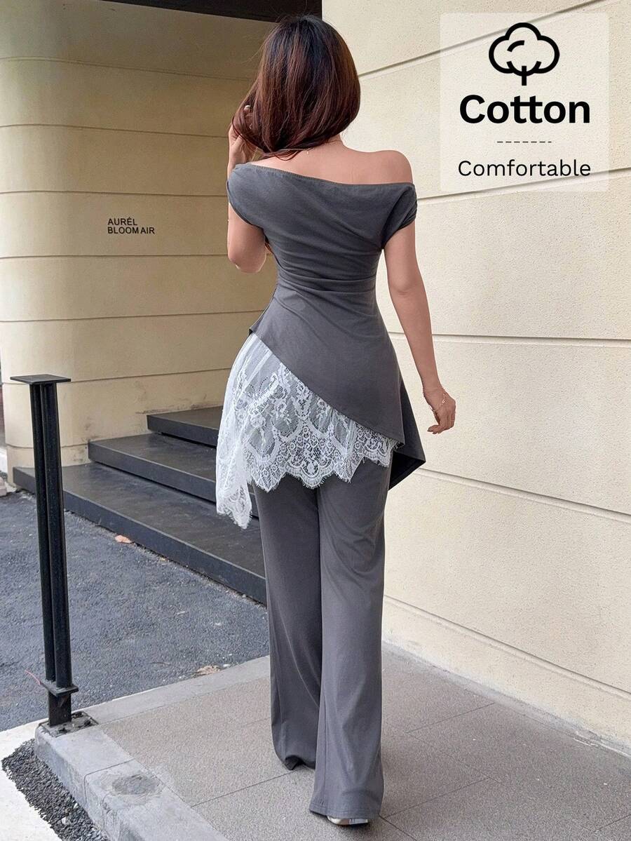 Off-shoulder set in charcoal gray with draped overlay