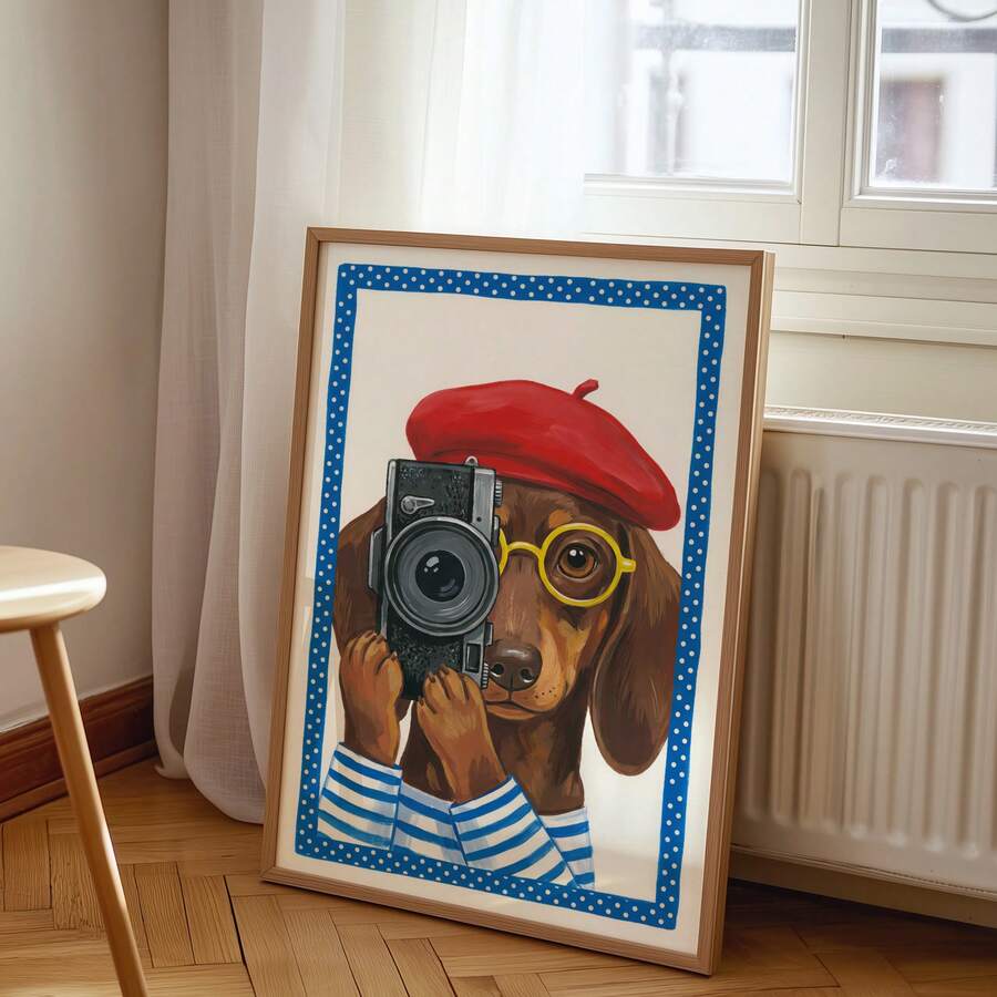 Framed dog photographer print leaning near window and radiator