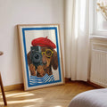 Dachshund wall art with red beret styled in bright bedroom corner