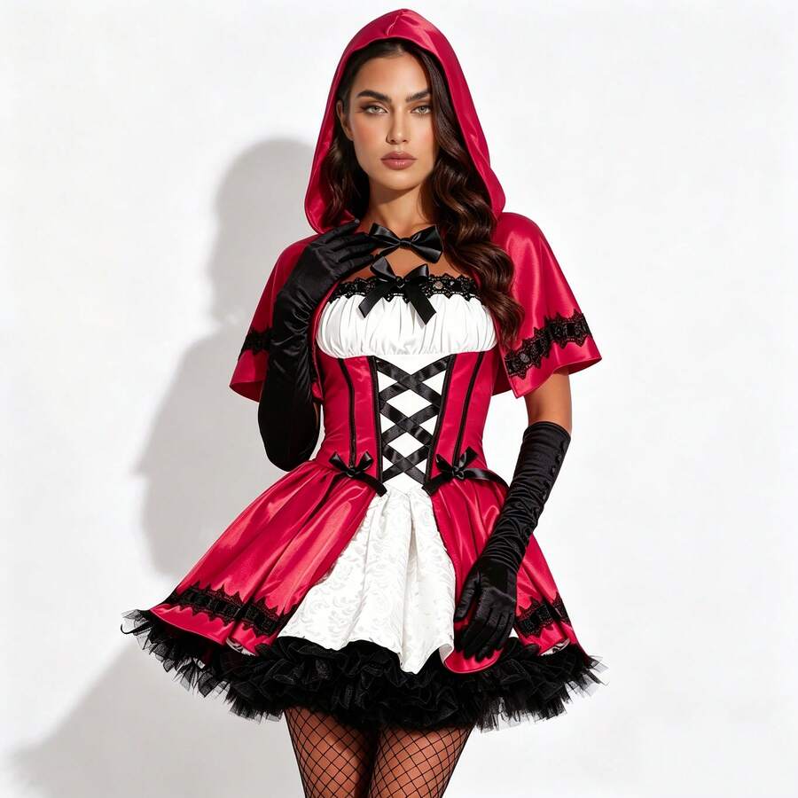 Front view of red hooded Little Red Riding Hood costume with cape