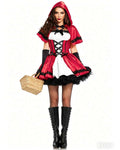 Full front view of red hooded Little Red Riding Hood costume with basket