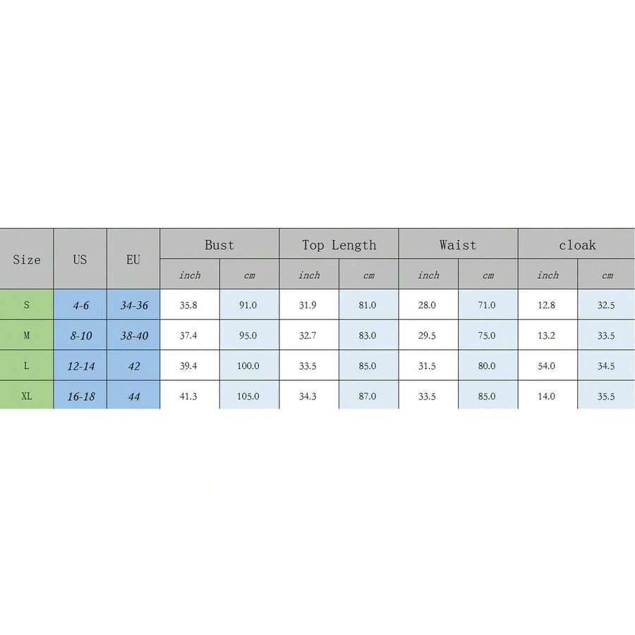 Size chart for red hooded Little Red Riding Hood costume dress