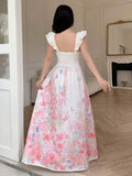 Back view of white floral corset bodice ruffle strap maxi dress showing visible color, trim, and silhouette