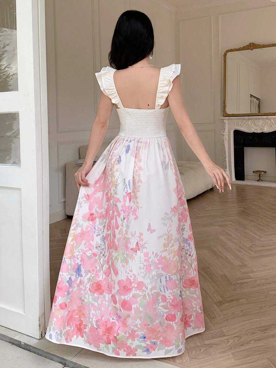 Back view of white floral corset bodice ruffle strap maxi dress showing visible color, trim, and silhouette