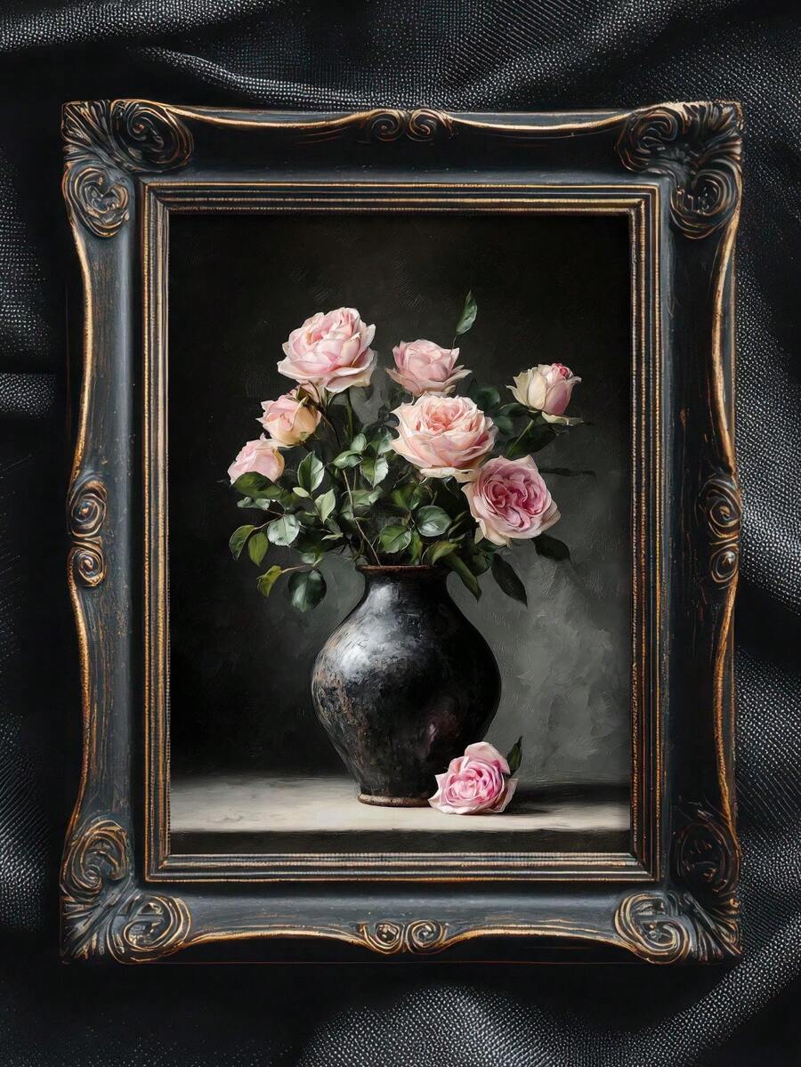 Dark academia pink rose print in ornate black frame on textured fabric