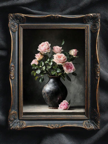 Dark academia pink rose print in ornate black frame on textured fabric