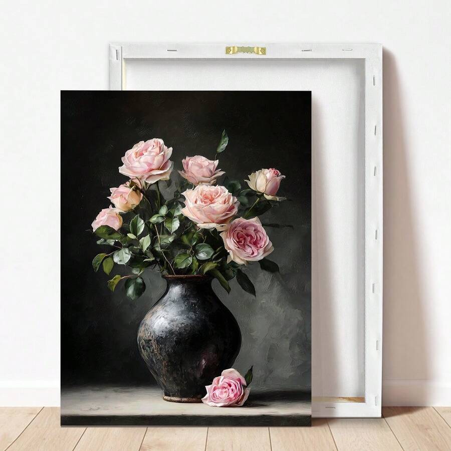 Dark academia pink rose print in ornate black frame on textured fabric