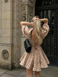 Camel lace-up back polka dot dress rear view