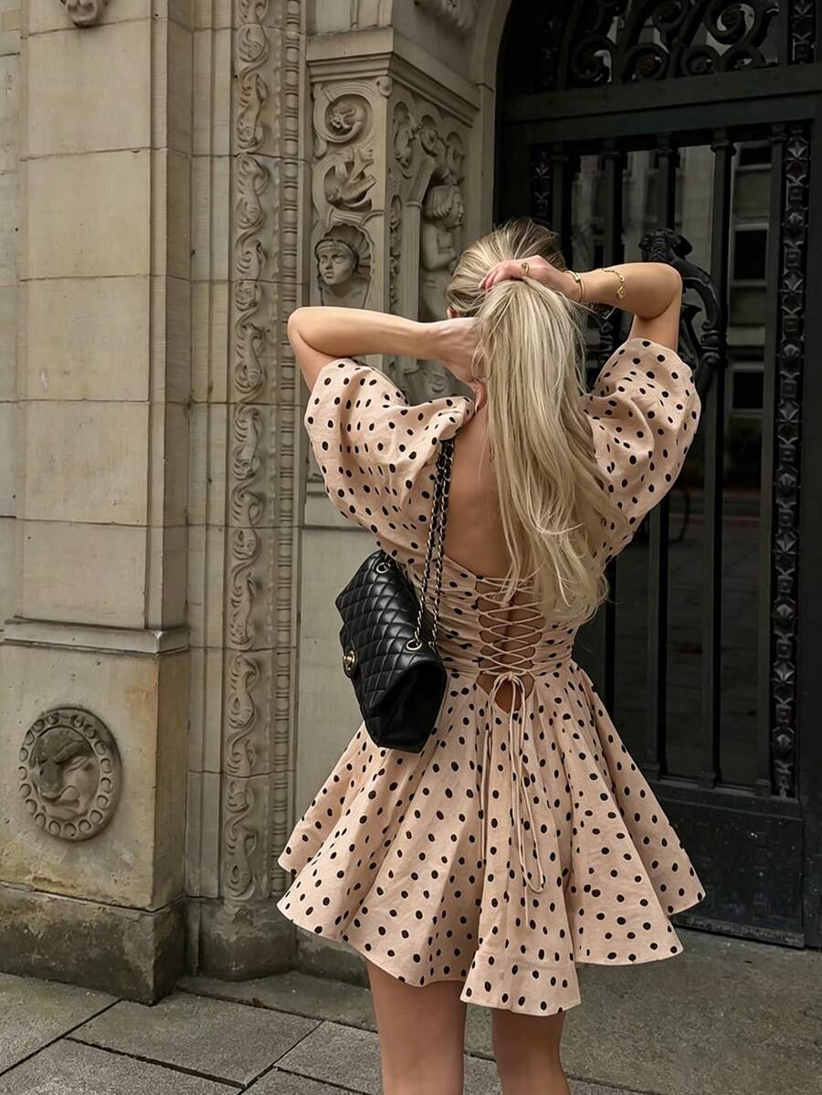 Camel lace-up back polka dot dress rear view