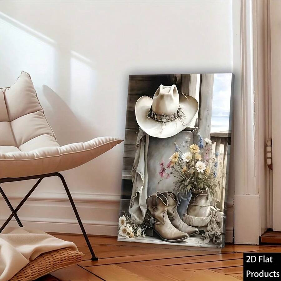 Western cowboy hat and boots canvas art in hallway mockup