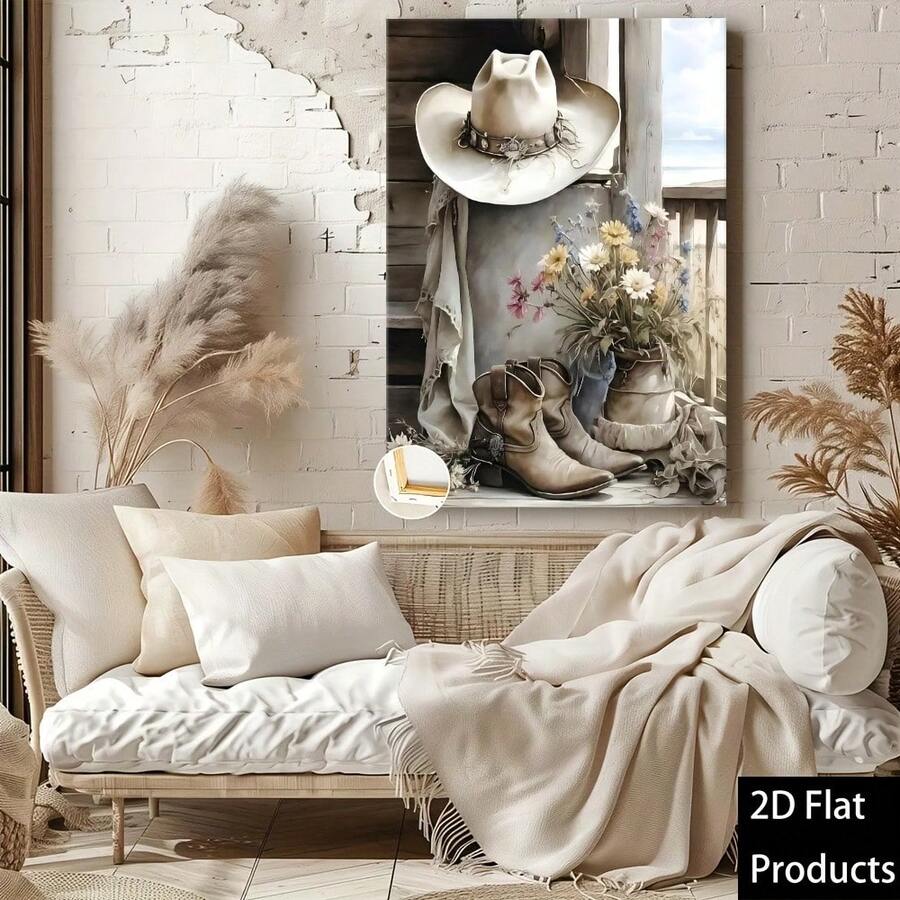 2D flat cowboy hat and boots print on wall
