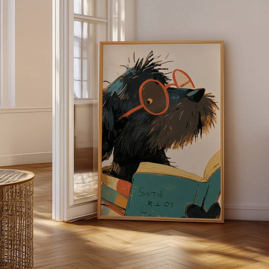 Large framed mockup of cute dog reading print in bright room