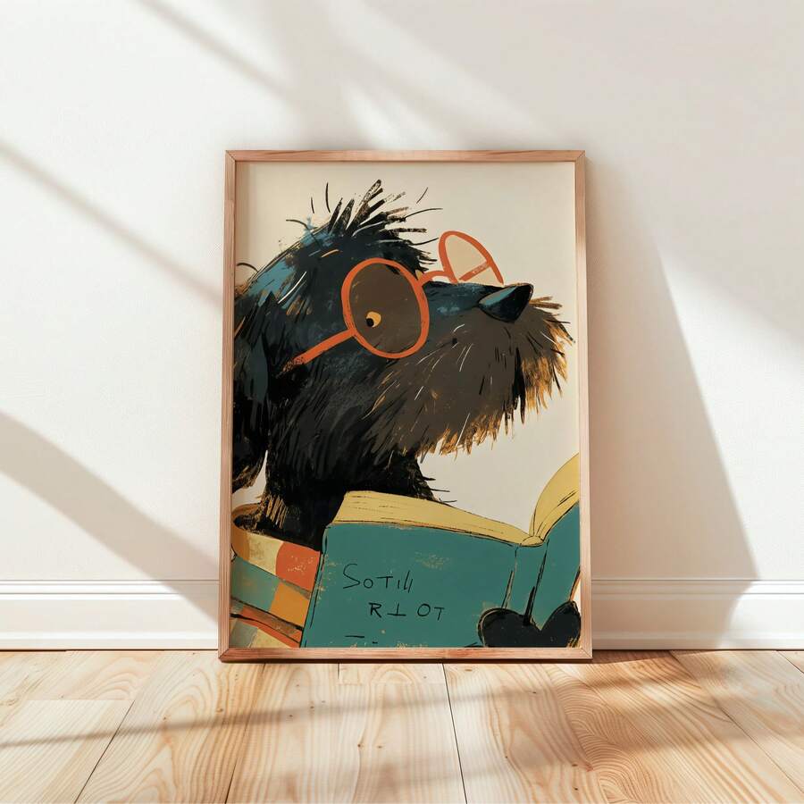 Cute black dog reading teal book wall art in light wood frame mockup