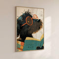 Close view of dog reading wall art in gold frame mockup