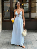 Turn heads with this effortlessly chic striped halter maxi dress, designed for sunny beach days, tropical vacations, and warm-weather celebrations. The flattering deep V-neckline and halter design create a feminine silhouette, while the flowing maxi length offers graceful movement with every step