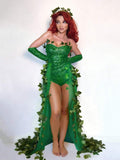 Full front view of emerald green ivy leaf sequin bodysuit costume with long sheer train and gloves