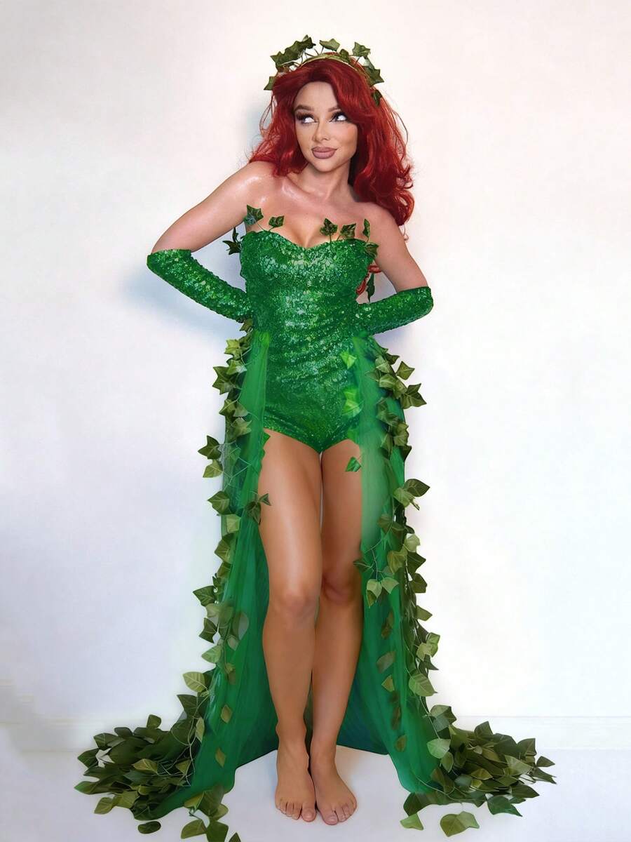 Full front view of emerald green ivy leaf sequin bodysuit costume with long sheer train and gloves