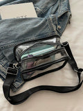 Clear smoky plastic handbag showing phone inside black zipper tape and black fabric shoulder strap