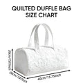 Size diagram view of white quilted duffle bag with barrel shape and top handles