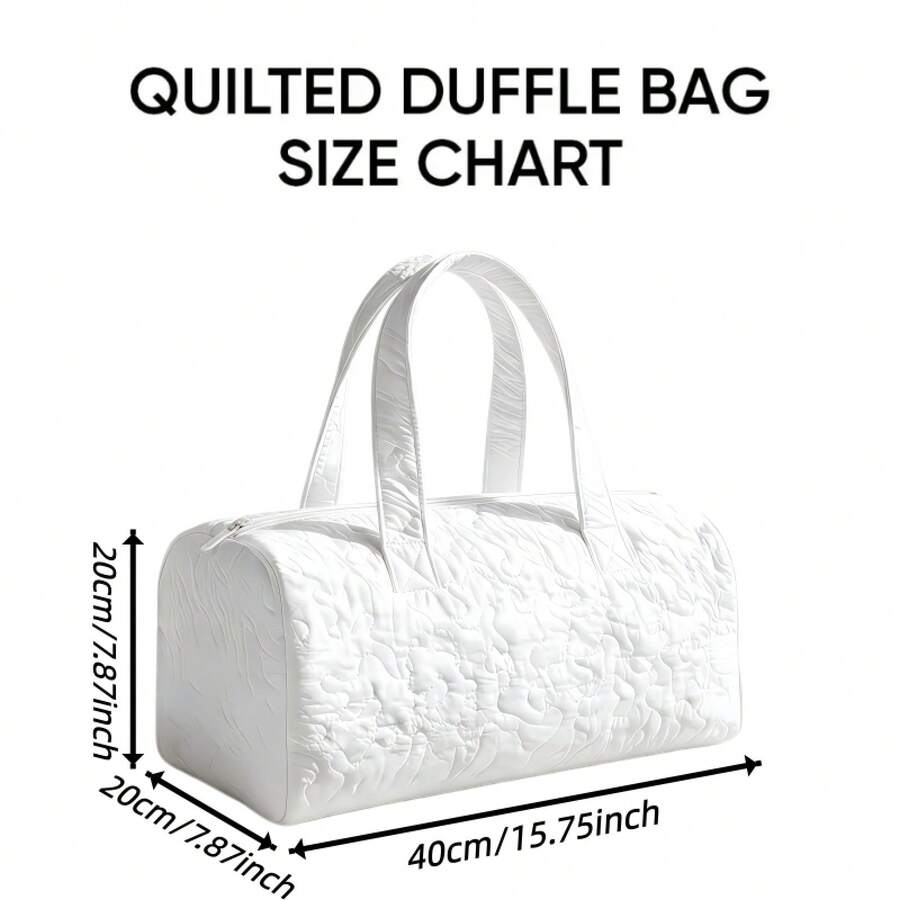 Size diagram view of white quilted duffle bag with barrel shape and top handles