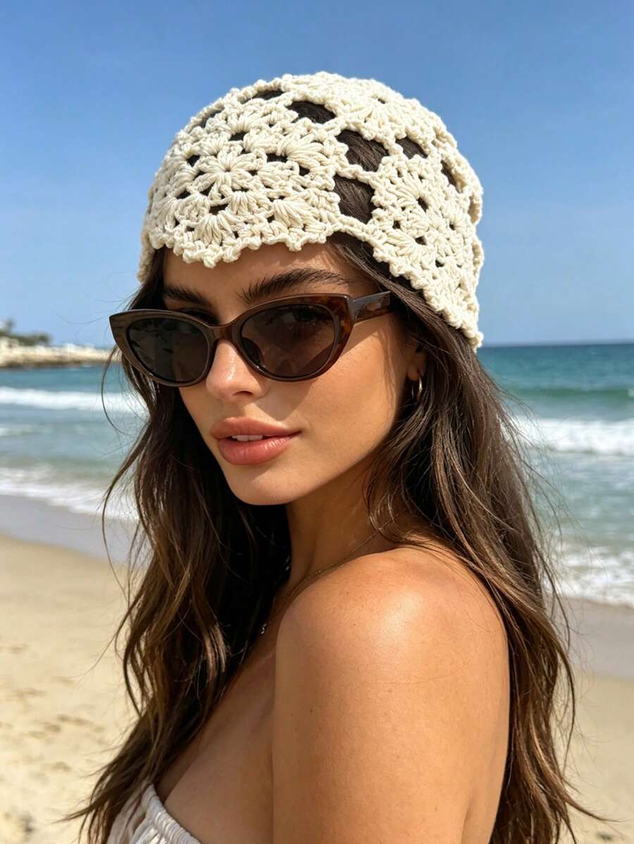 Black openwork crochet beanie hat with sparkle sequin details