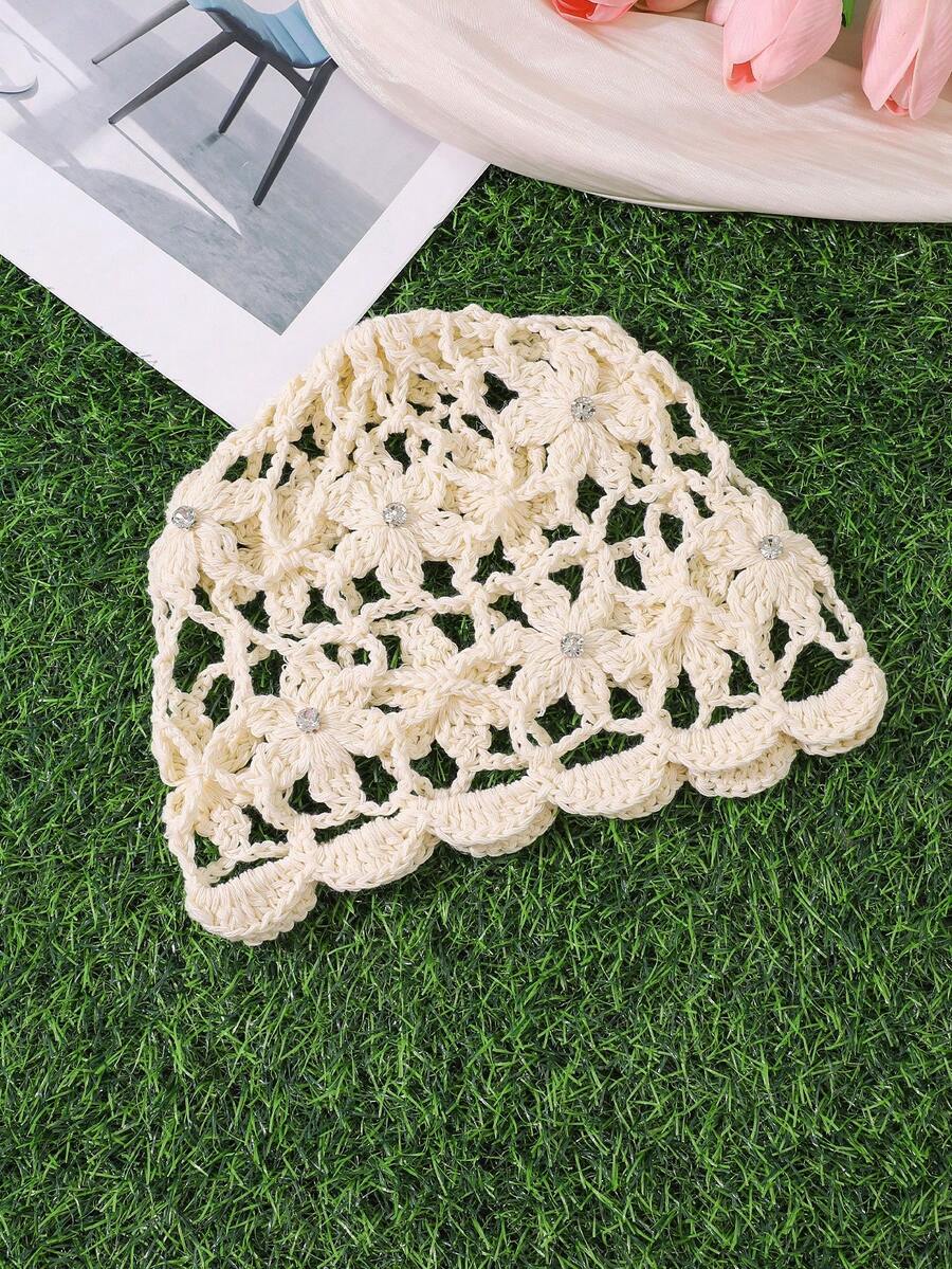 Ivory granny square flower crochet cap with rhinestone centers