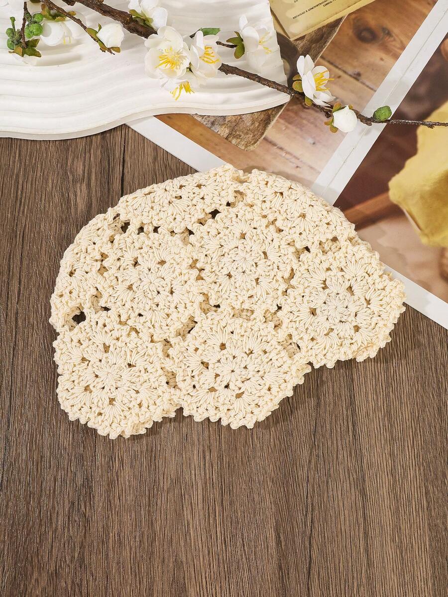 Ivory granny square flower crochet cap with rhinestone centers