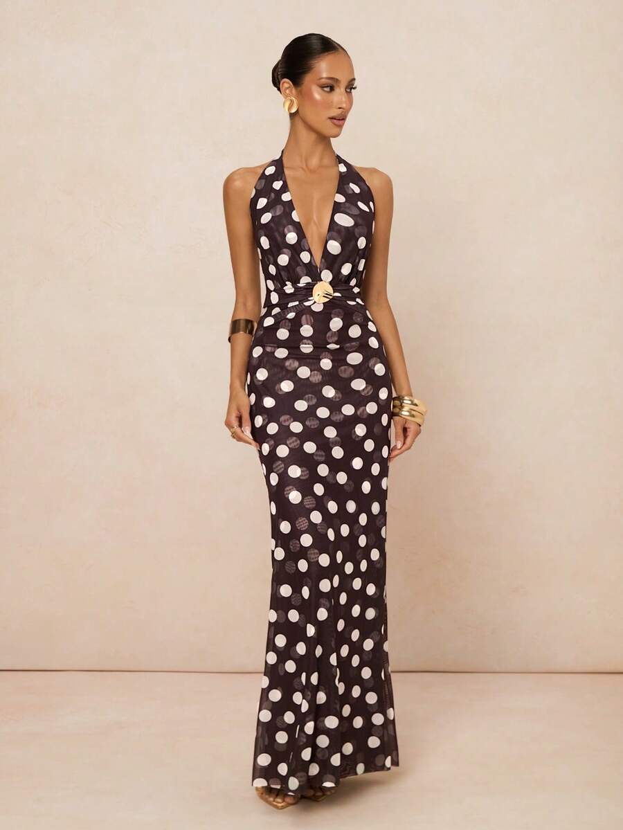 Dark brown polka dot halter maxi dress front view with gold waist ring