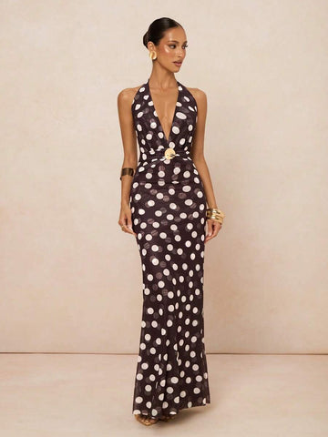 Dark brown polka dot halter maxi dress front view with gold waist ring