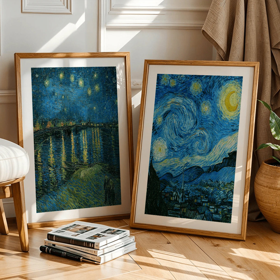 Four-piece Van Gogh-inspired canvas wall art set with Starry Night, blue night water, blossom branches, and yellow café scene on a sunlit shelf