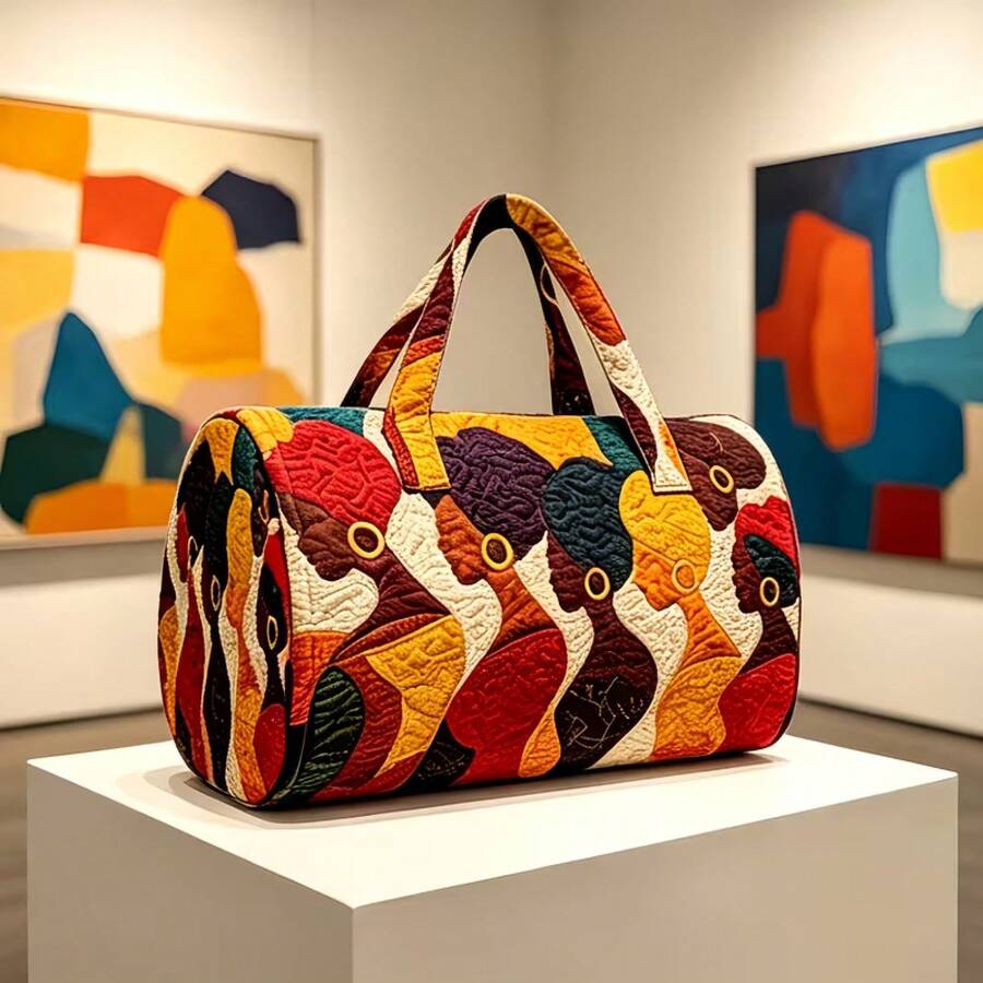 Gallery view of patchwork quilted duffle bag with colorful women silhouette design