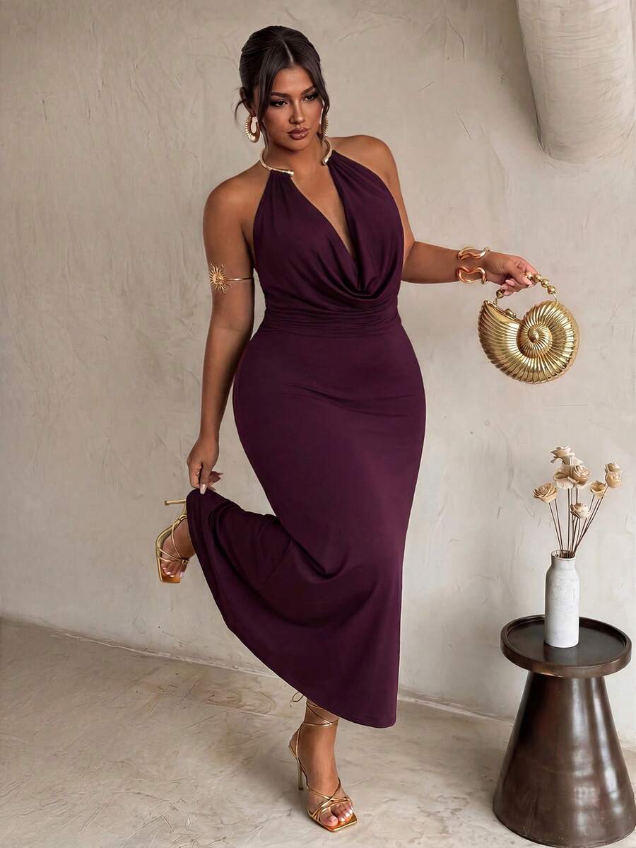 Front view of plum plus size halter maxi dress with gold collar and draped neckline