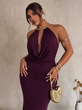 Close front view of plum bodycon evening dress with ruched waist detail
