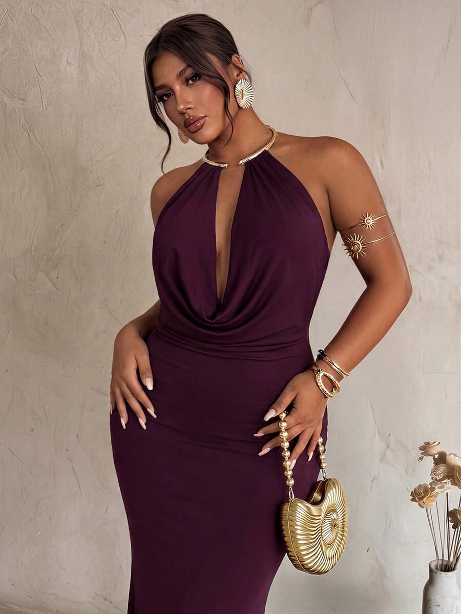 Close front view of plum bodycon evening dress with ruched waist detail