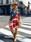 Front view of patriotic flag print V neck ruffle hem mini dress