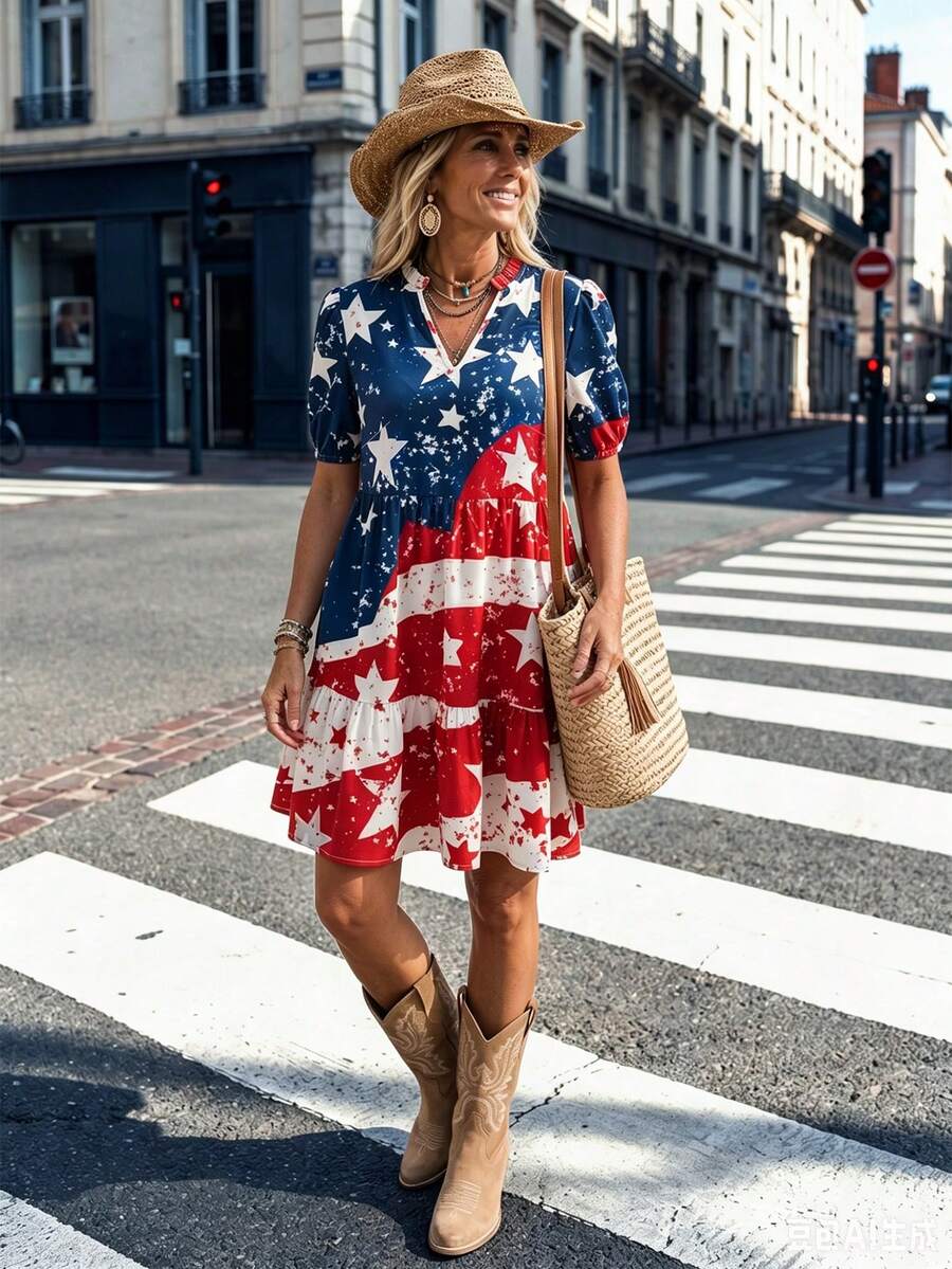 Front view of patriotic flag print V neck ruffle hem mini dress