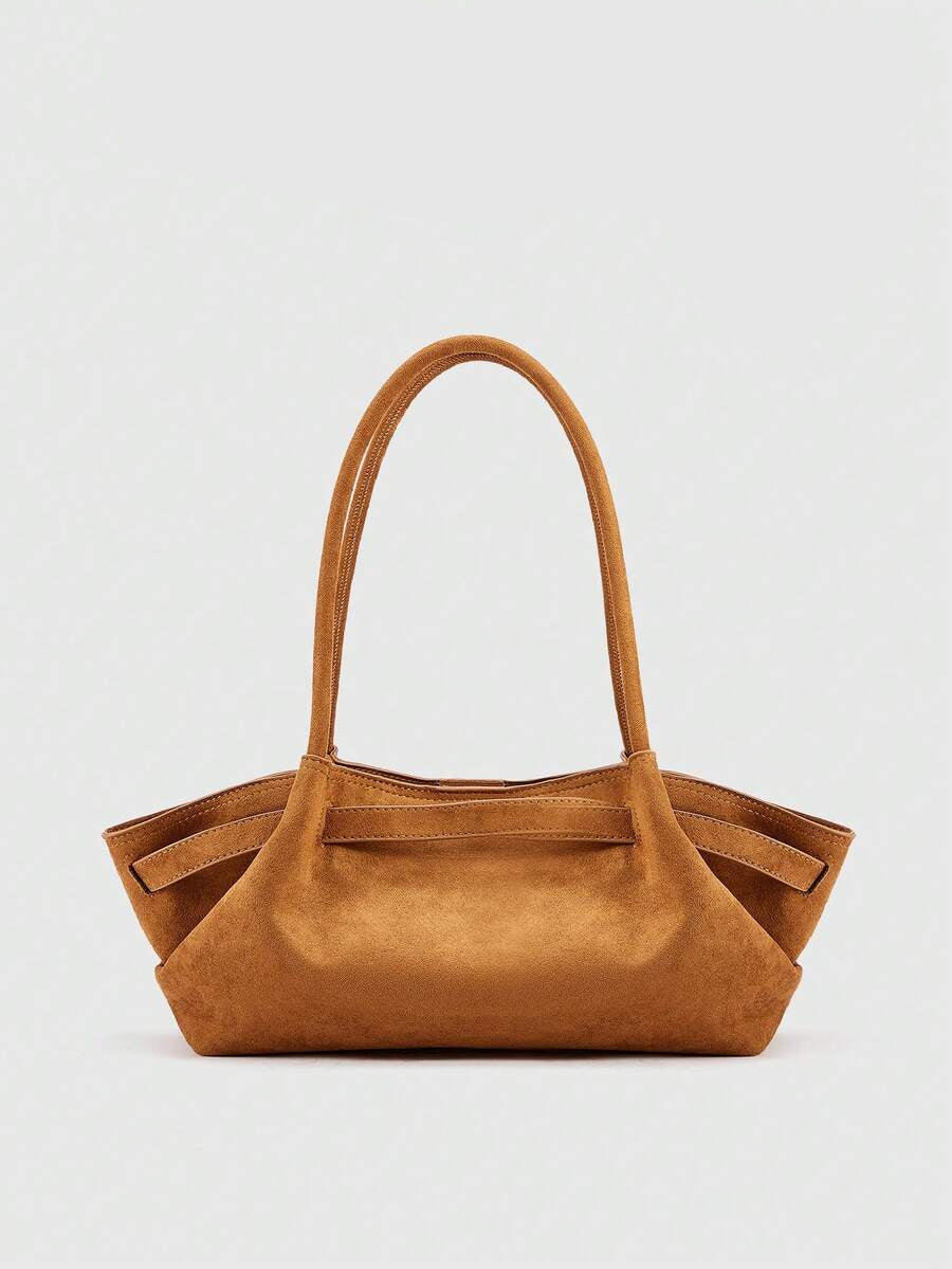 Straight front view of tan suede shoulder tote bag with wide body and long handles