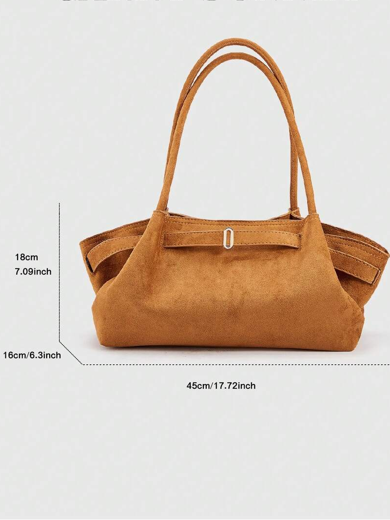 Front size view of cognac suede large capacity tote bag with buckle detail