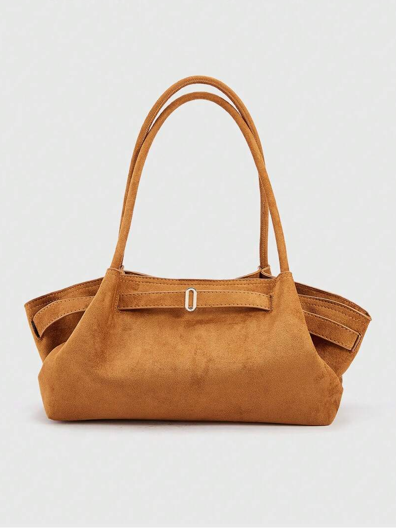 Front view of cognac brown suede tote bag with double handles and silver buckle strap