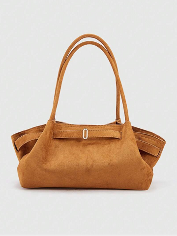 Front view of cognac brown suede tote bag with double handles and silver buckle strap