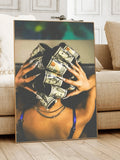 Warm color woman holding rolled dollar bills in tan wood frame