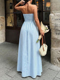 Turn heads with this effortlessly chic striped halter maxi dress, designed for sunny beach days, tropical vacations, and warm-weather celebrations. The flattering deep V-neckline and halter design create a feminine silhouette, while the flowing maxi length offers graceful movement with every step