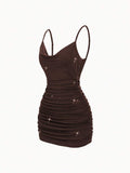 Black backless bodycon mini dress with draped neckline and mini hem